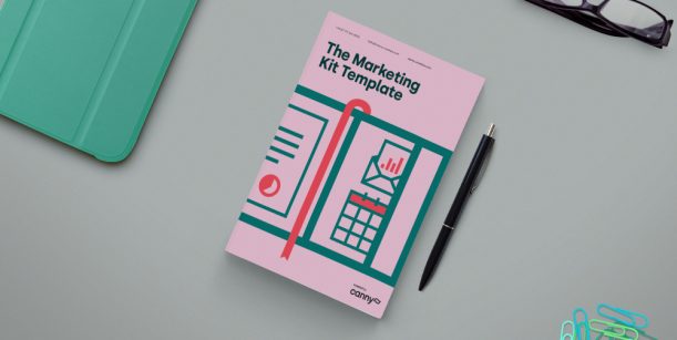 pink marketing kit template on desk