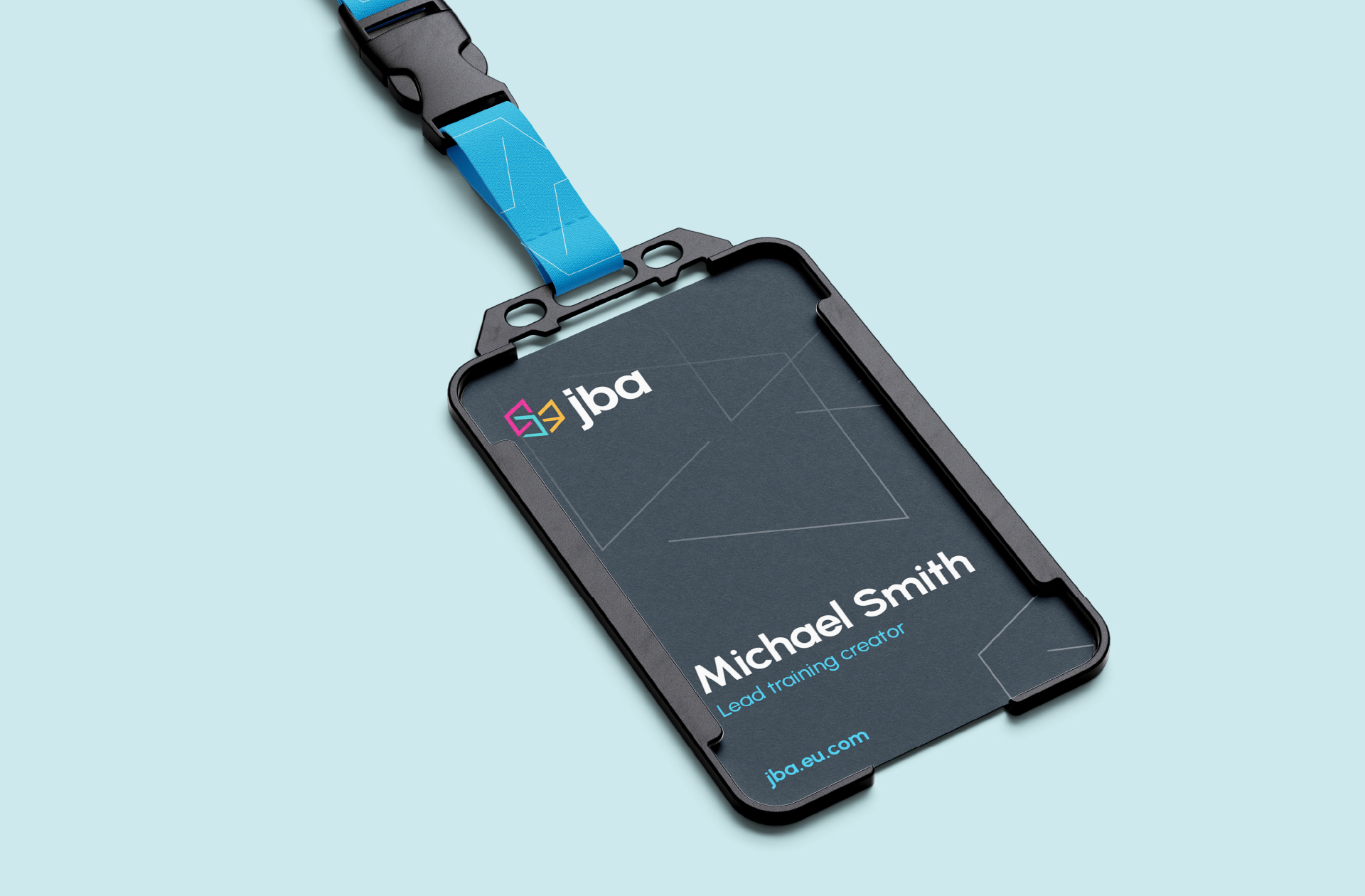 JBA Branded Lanyard on a blue background