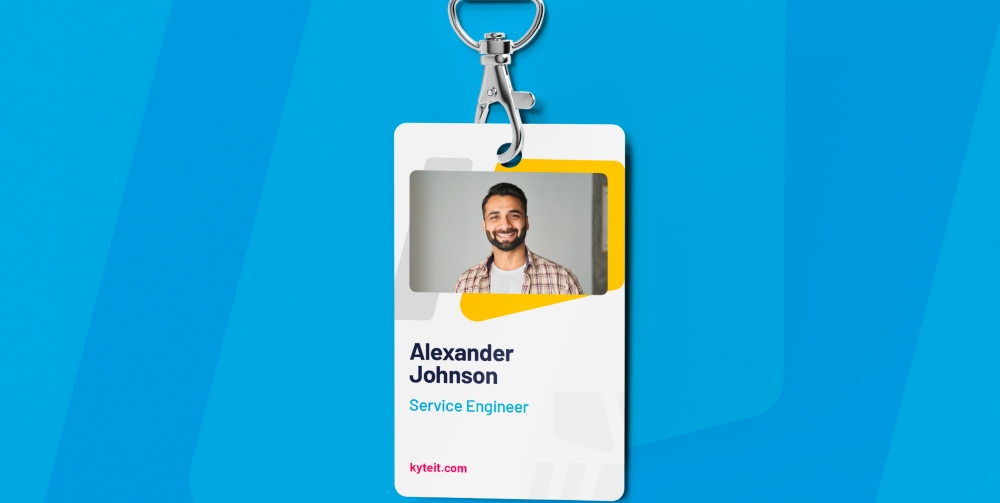 white business ID badge on blue background