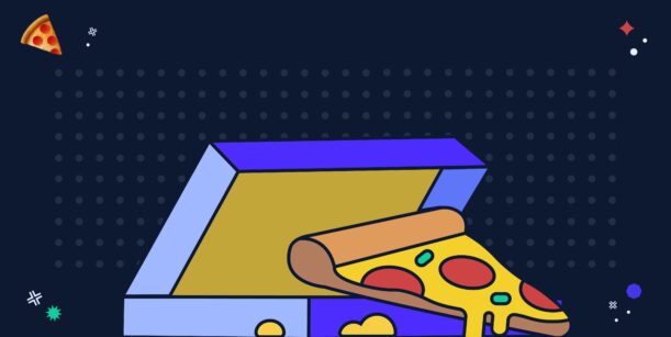 pizza slice and pizza box illustration on dark background