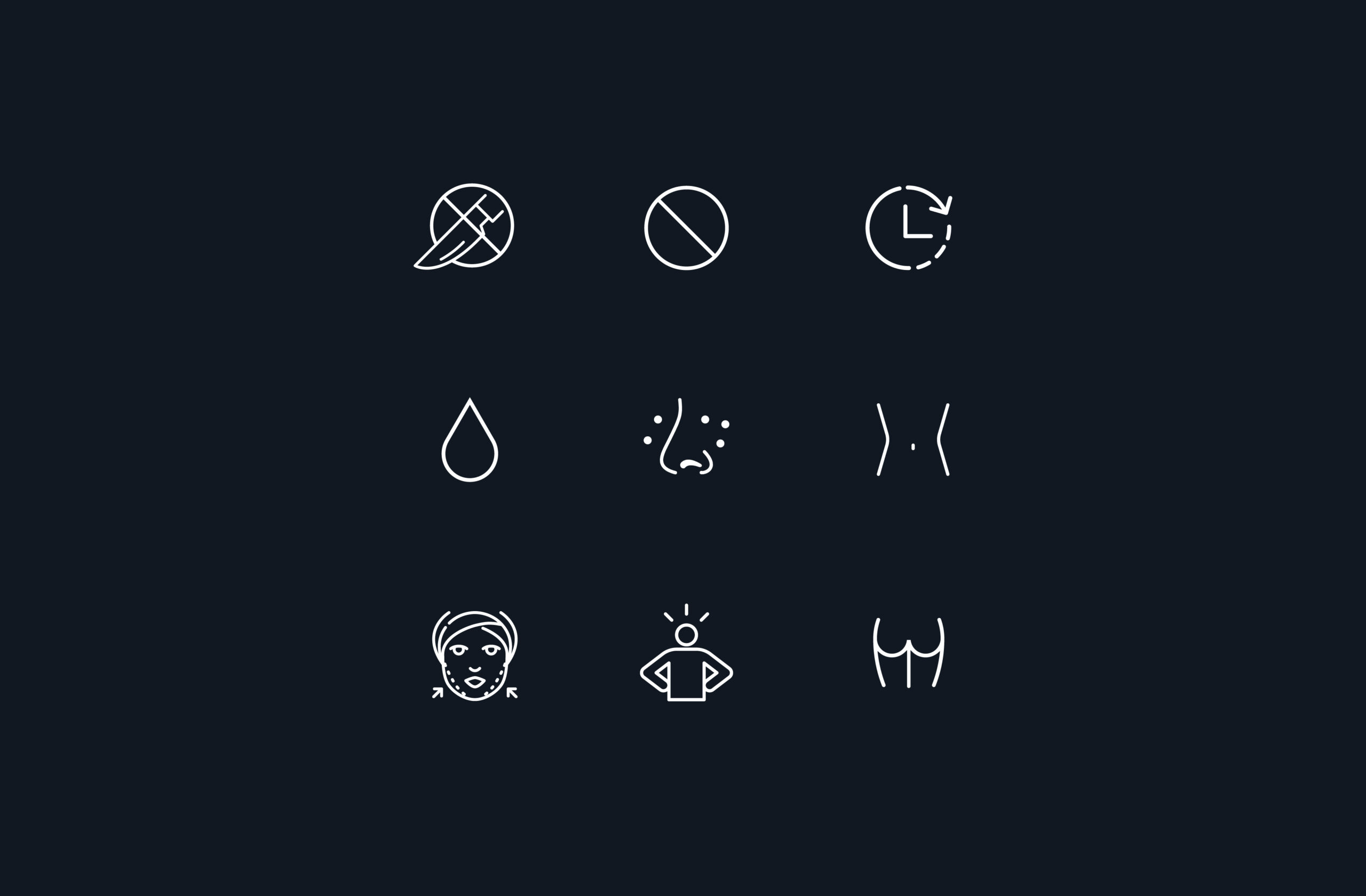nine white icons on navy background