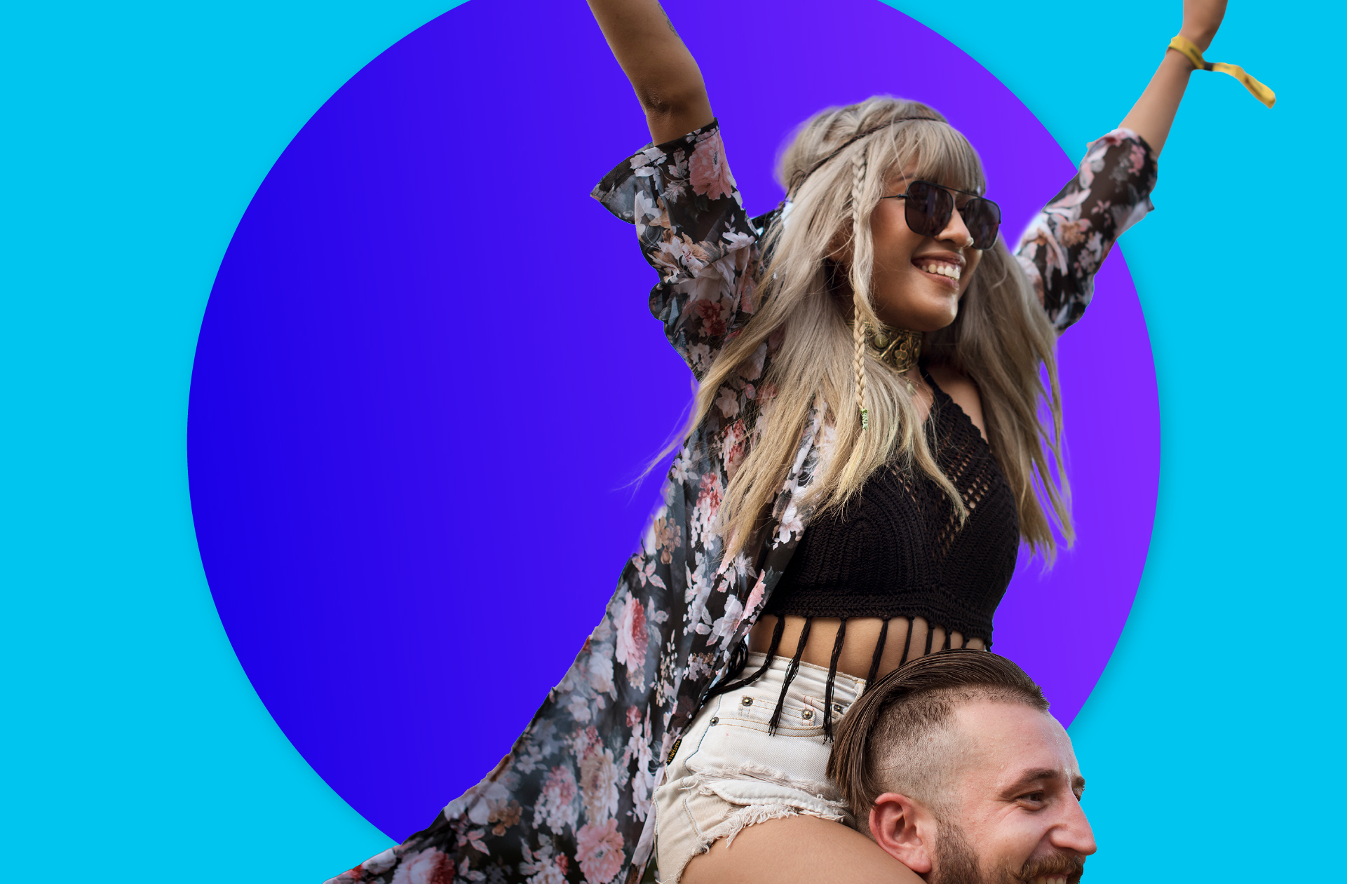 woman sitting on mans shoulders